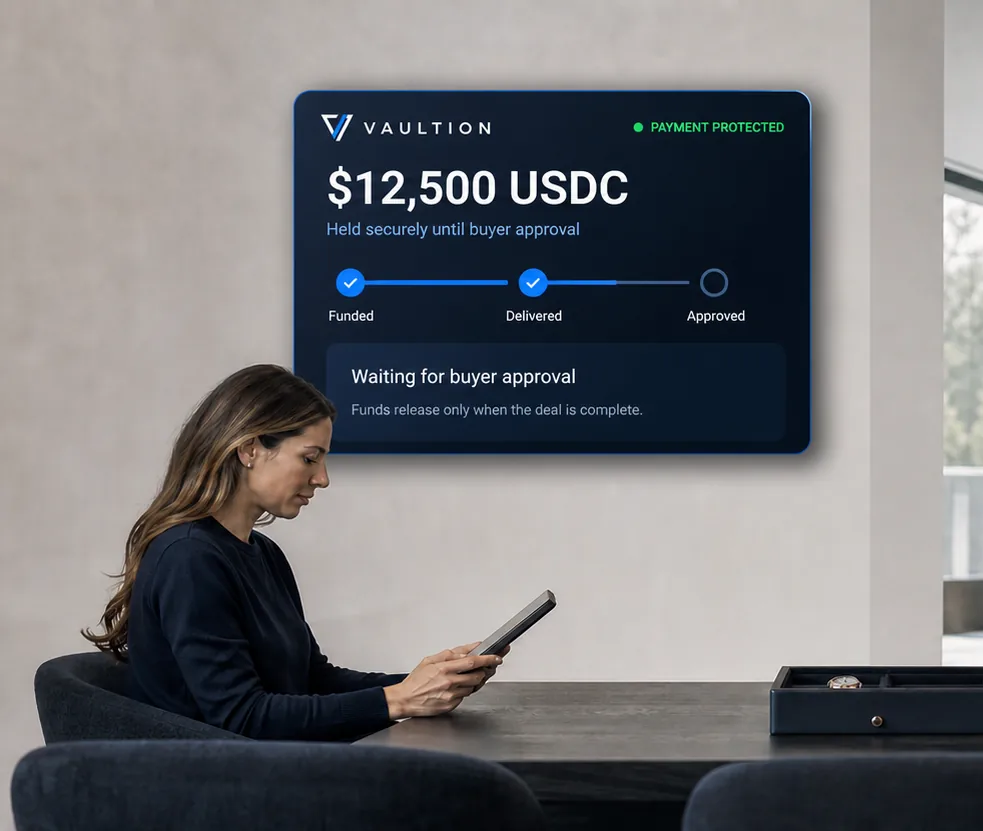 Buyer and seller completing a protected Vaultion escrow transaction: the payment held securely on the buyer’s side, released to the seller after approval.
